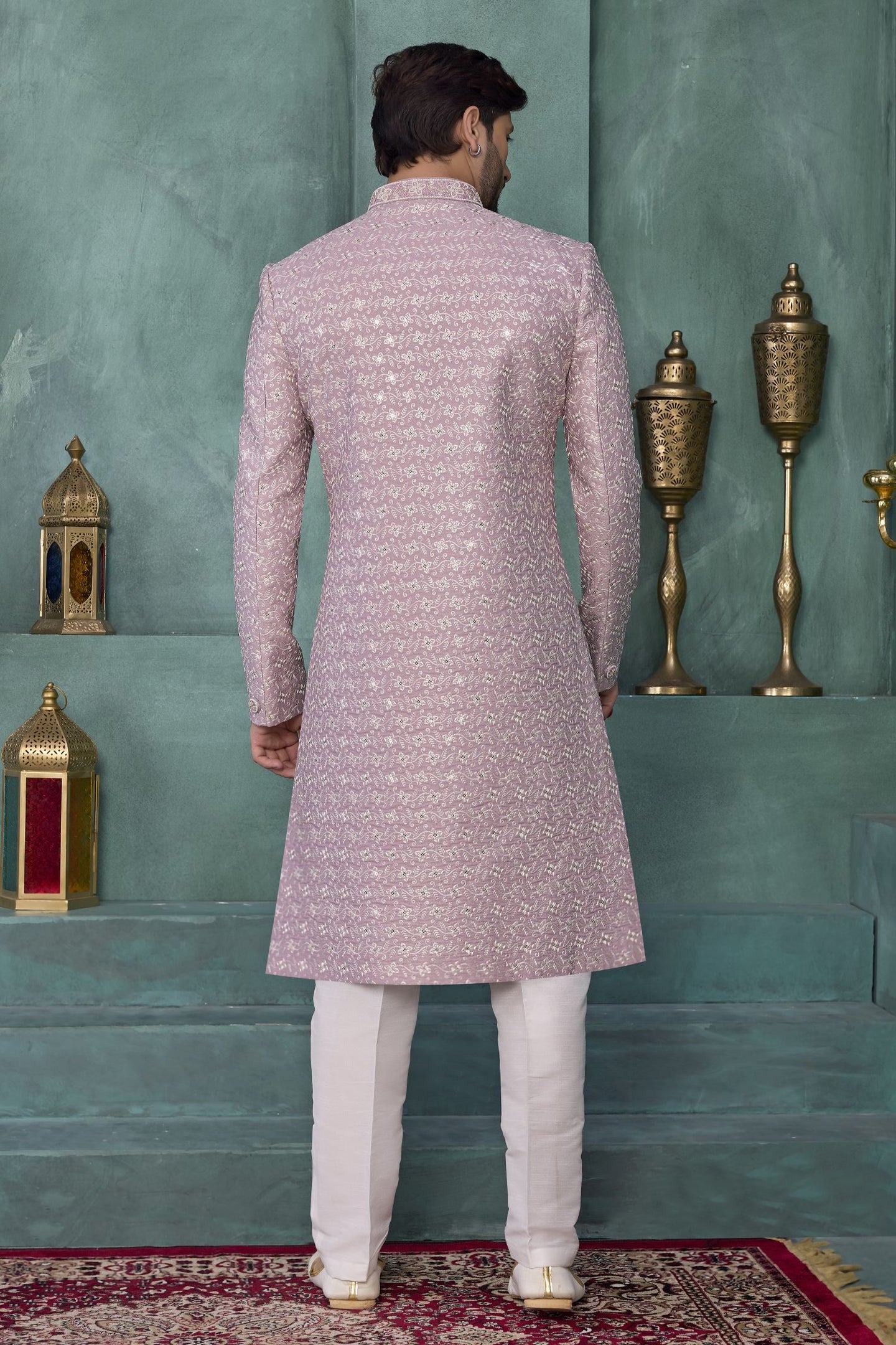 Dark Pink Art Silk Sherwani Kurta and Pajama for Mens with Thread Embroidery