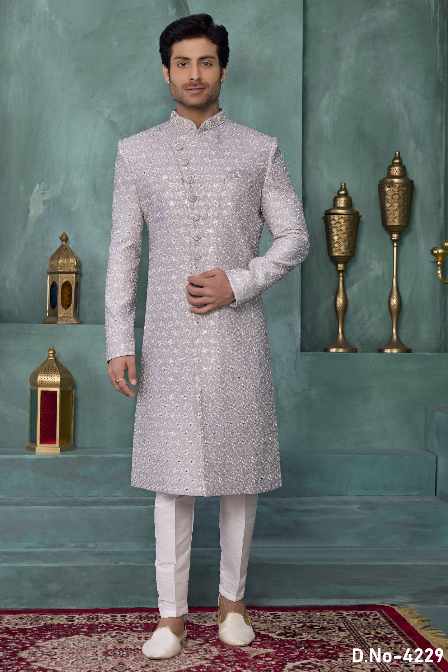 Lavender Art Silk Thread Work Sherwani for Kurta Pajama Male