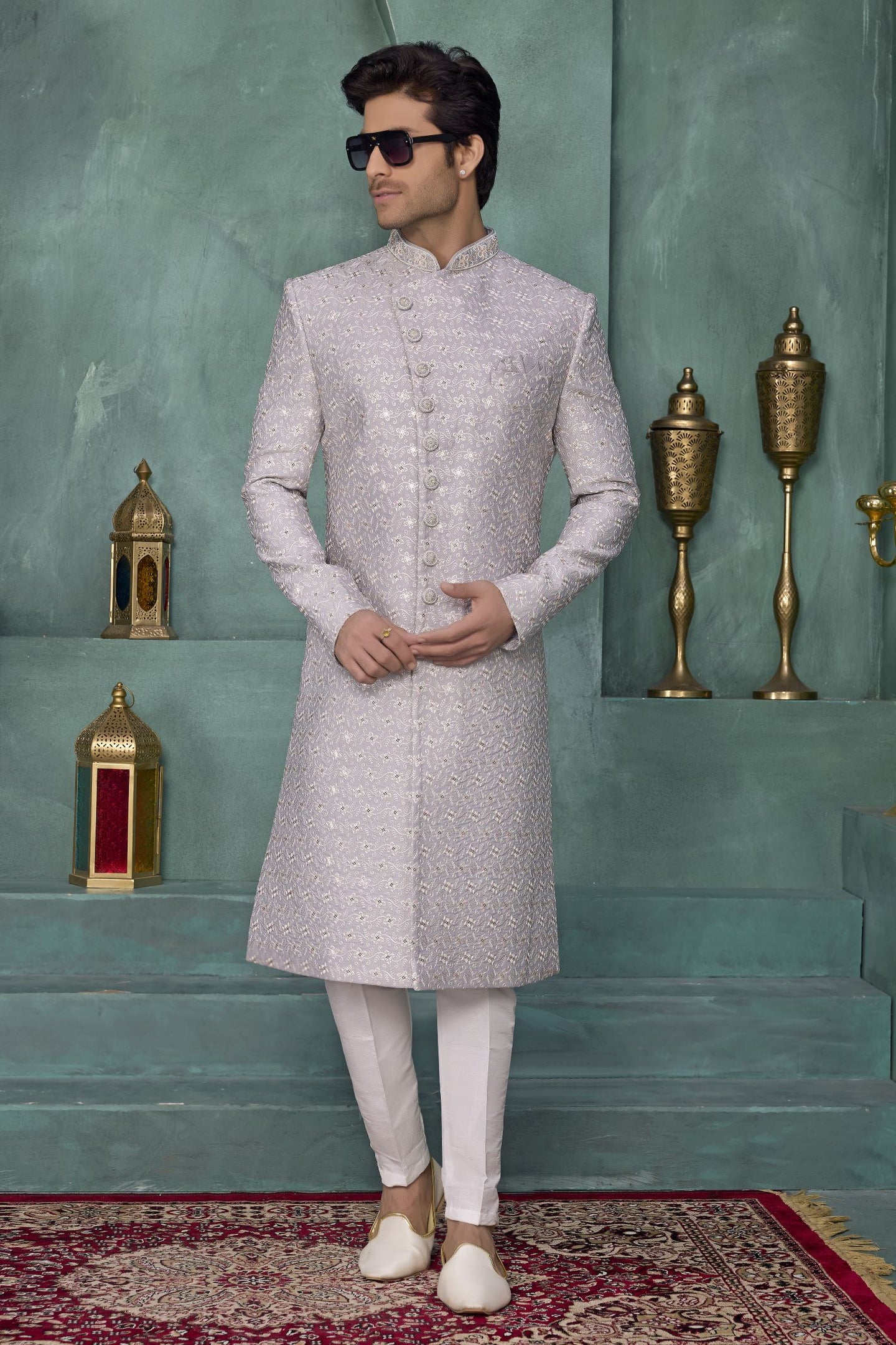 Lavender Art Silk Thread Work Sherwani for Kurta Pajama Male