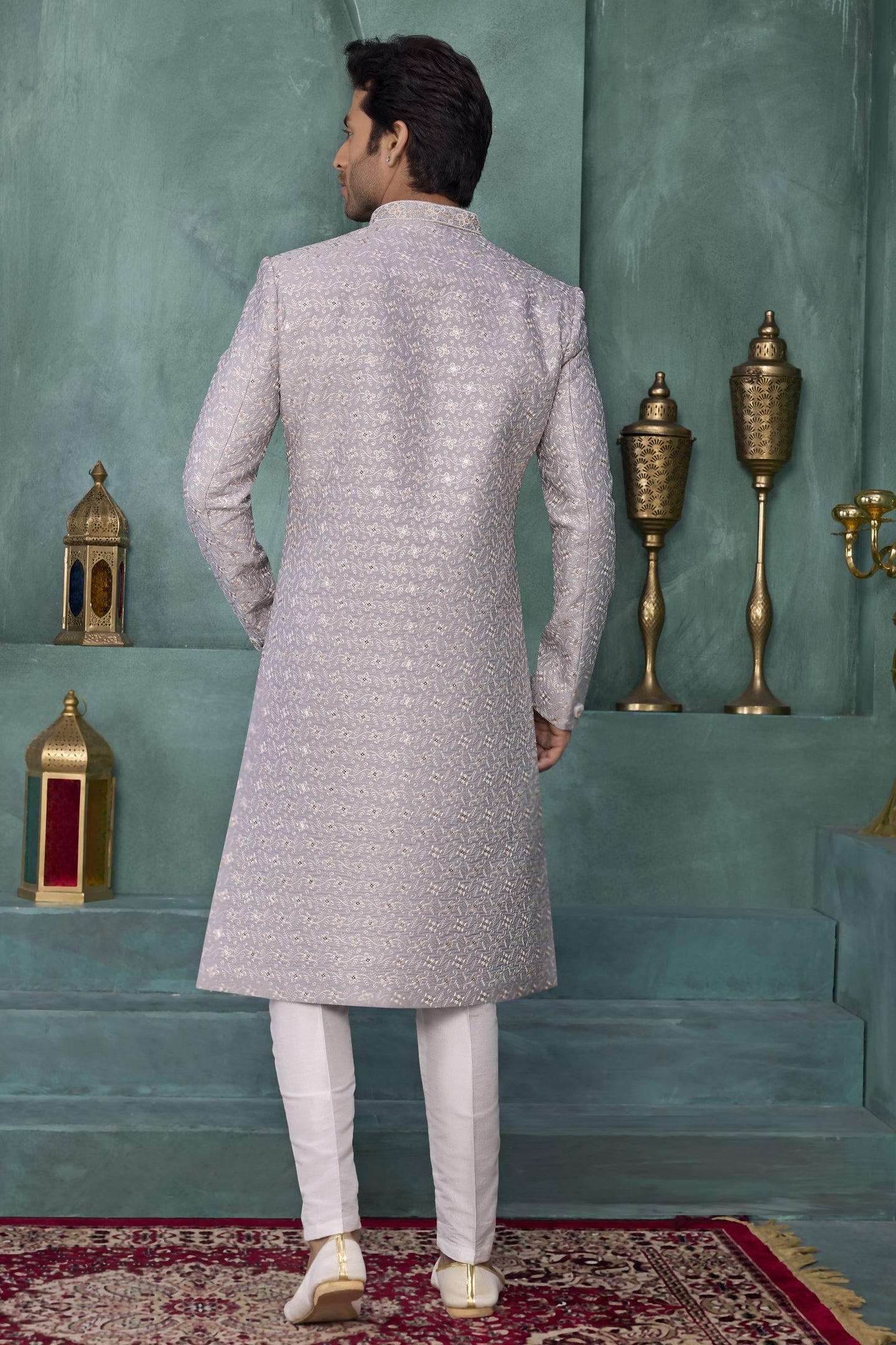 Lavender Art Silk Thread Work Sherwani for Kurta Pajama Male
