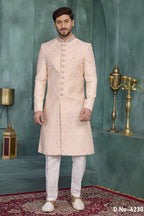 Peach Art Silk Thread Work Sherwani Kurta Pyjama for Men