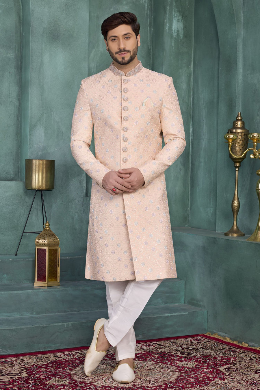 Peach Art Silk Thread Work Sherwani Kurta Pyjama for Men
