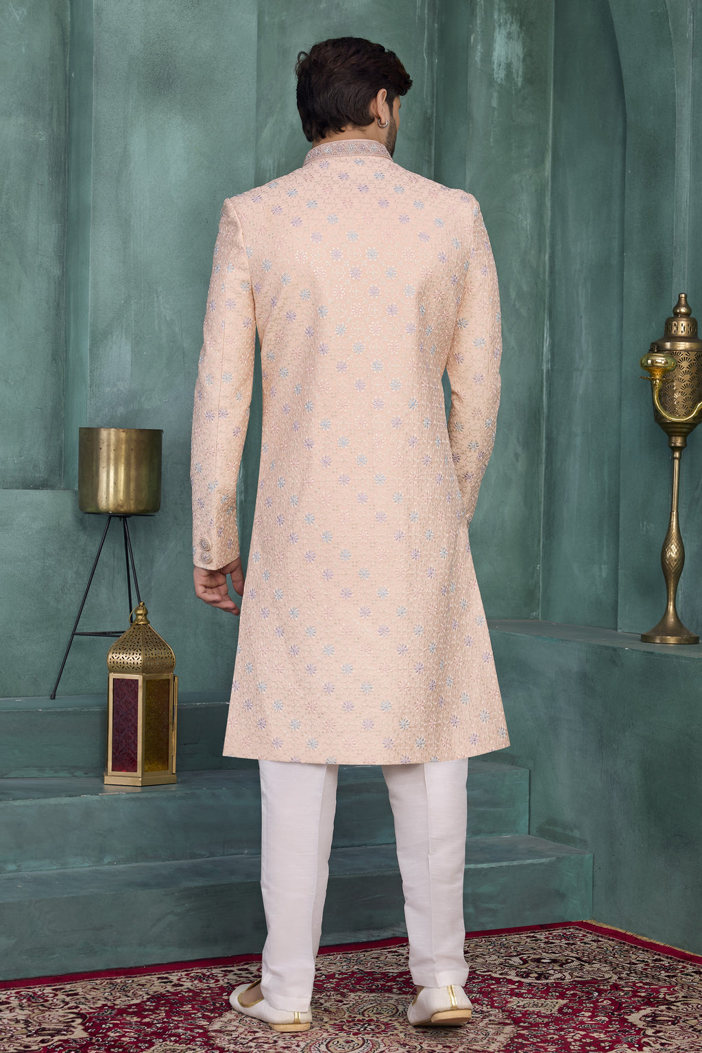 Peach Art Silk Thread Work Sherwani Kurta Pyjama for Men