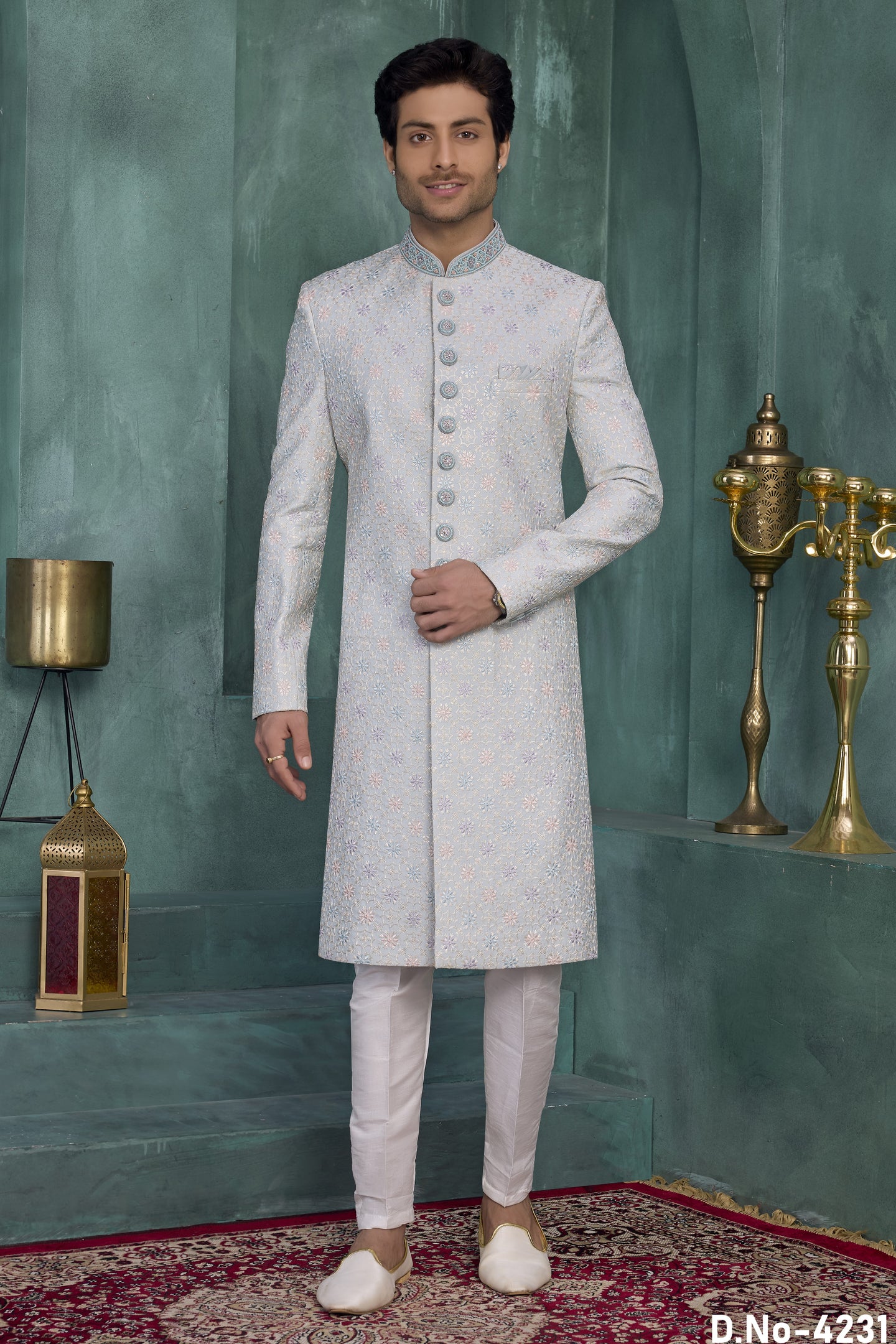 Light Blue Art Silk Men's Kurta and Pajama Sherwani with Thread Embroidery