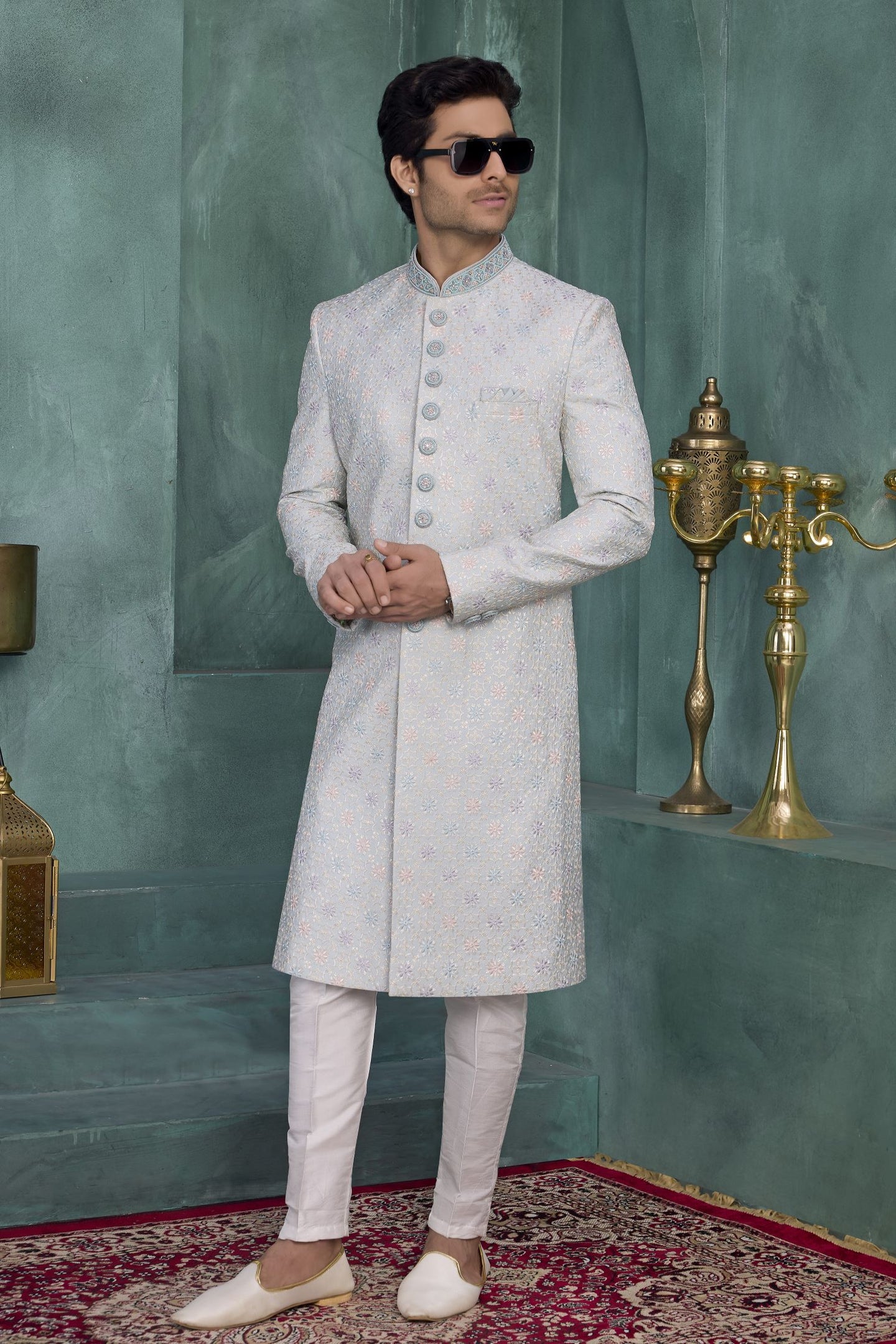 Light Blue Art Silk Men's Kurta and Pajama Sherwani with Thread Embroidery