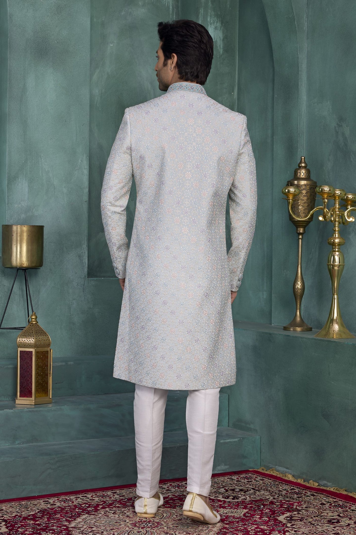Light Blue Art Silk Men's Kurta and Pajama Sherwani with Thread Embroidery