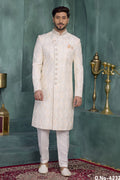 Light Yellow Art Silk Thread Embroidery Sherwani Kurta Set for Men & Pajama