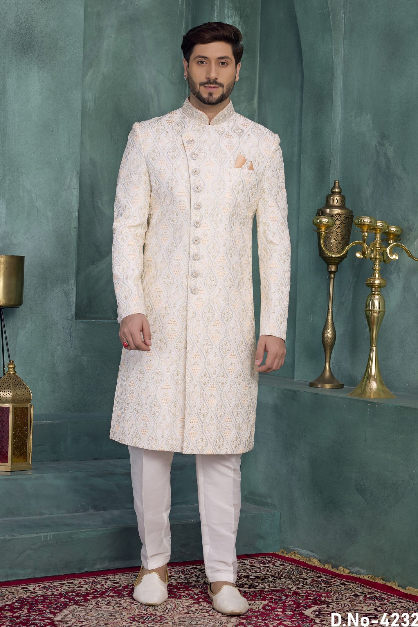 Light Yellow Art Silk Thread Embroidery Sherwani Kurta Set for Men & Pajama