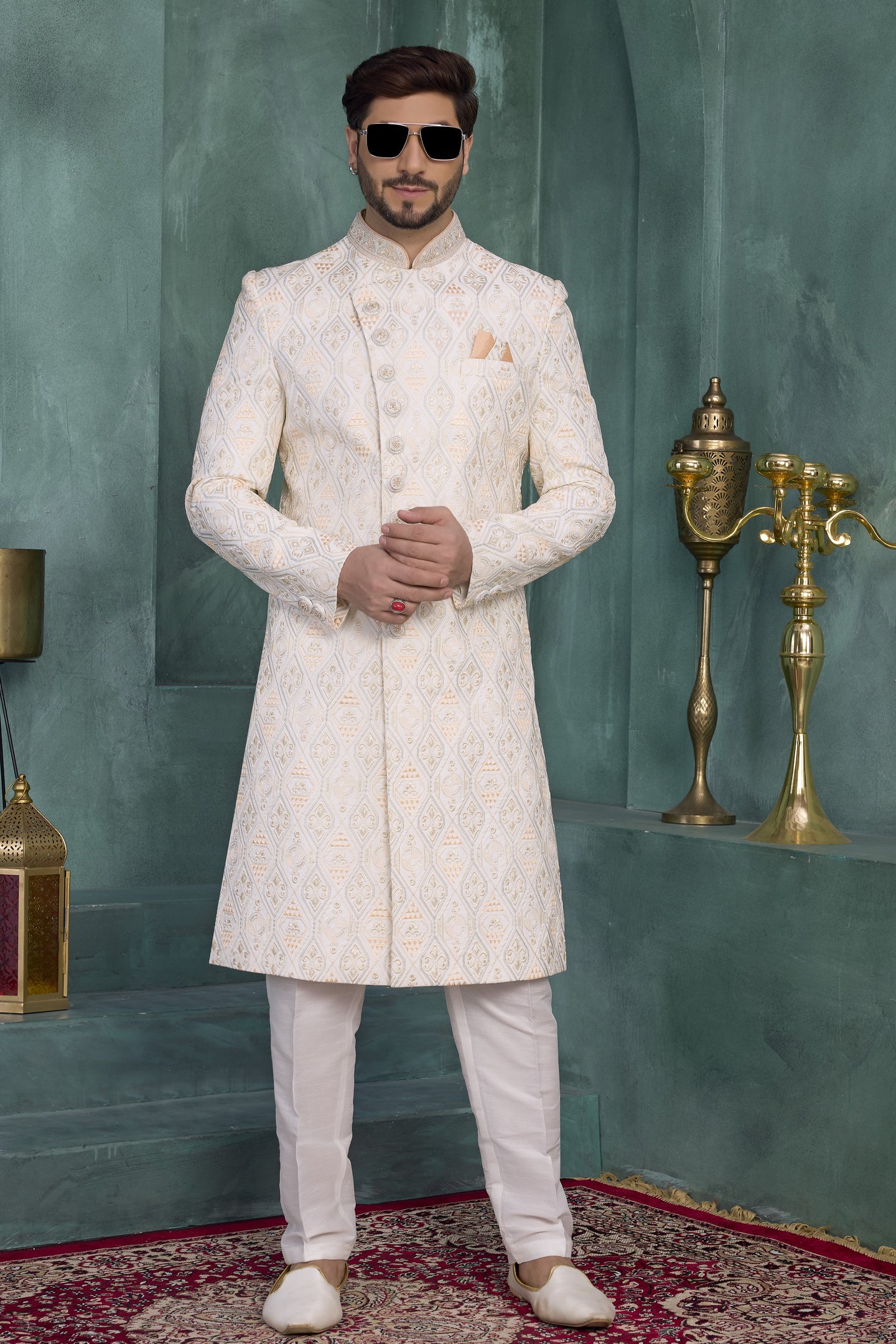 Light Yellow Art Silk Thread Embroidery Sherwani Kurta Set for Men & Pajama