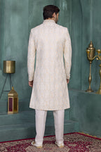 Light Yellow Art Silk Thread Embroidery Sherwani Kurta Set for Men & Pajama