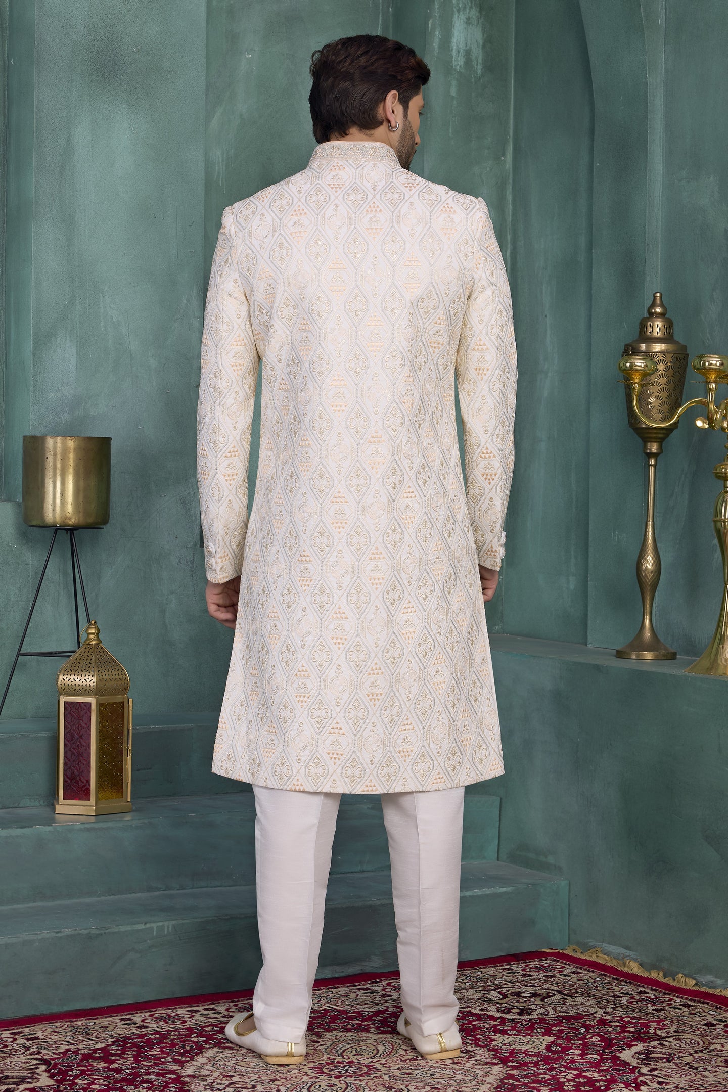 Light Yellow Art Silk Thread Embroidery Sherwani Kurta Set for Men & Pajama