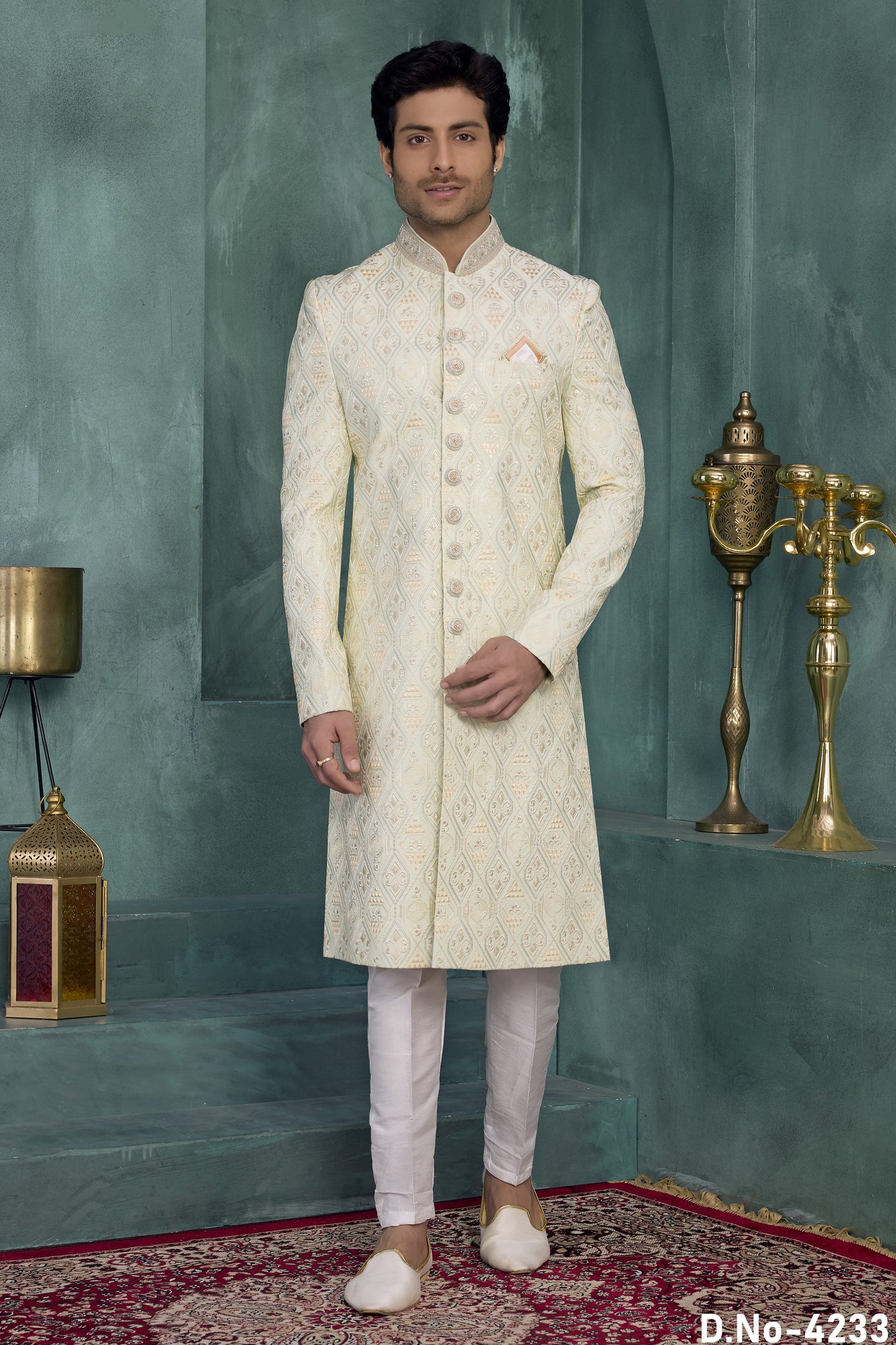 Lemon Art Silk Sherwani with Thread Embroidery Kurta Mens Wear & Pajama