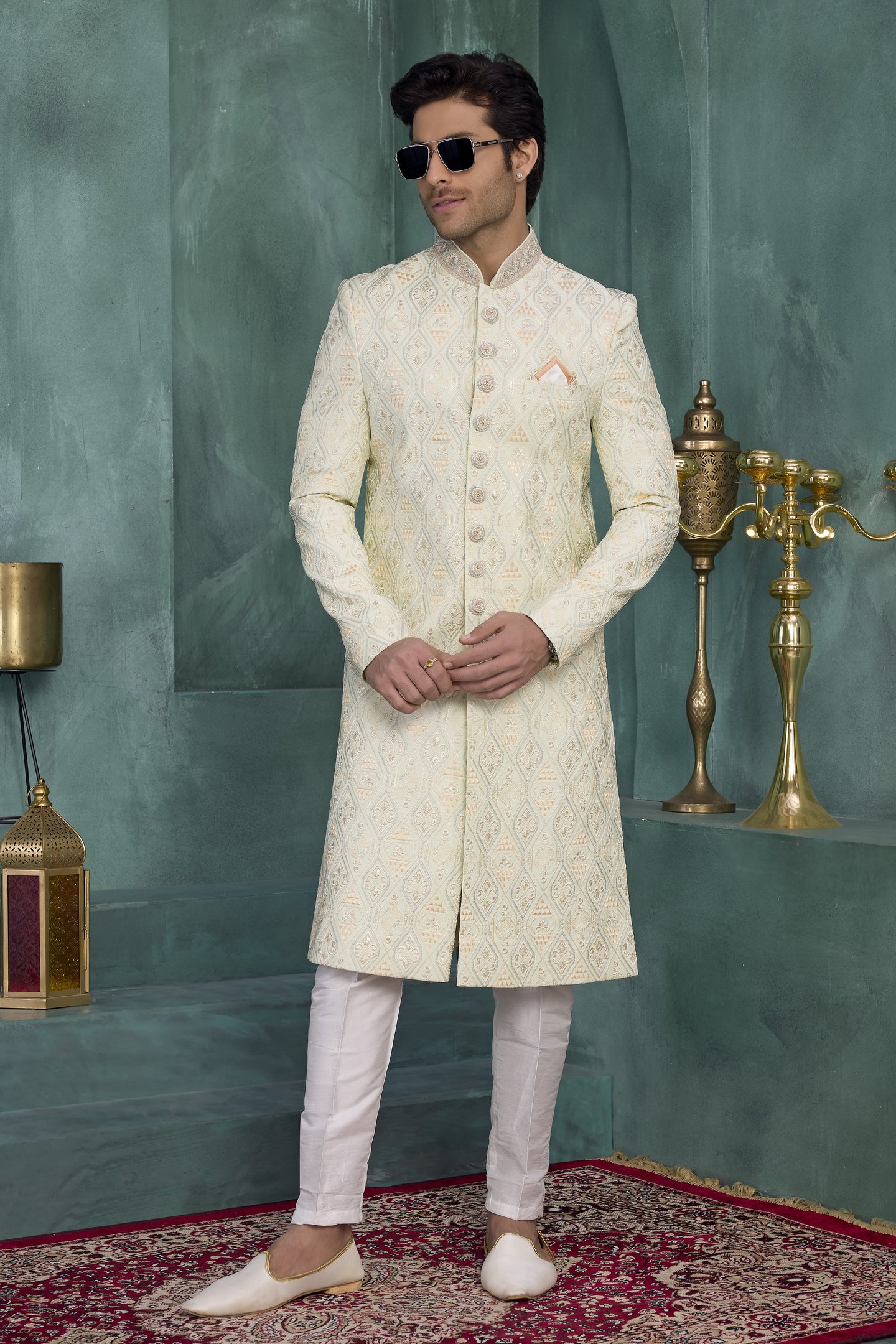 Lemon Art Silk Sherwani with Thread Embroidery Kurta Mens Wear & Pajama