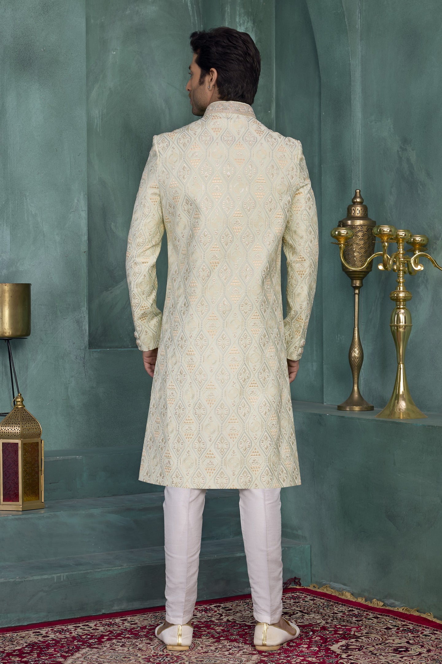 Lemon Art Silk Sherwani with Thread Embroidery Kurta Mens Wear & Pajama