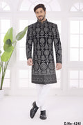 Black Velvet Sherwani Mens Kurta for Wedding & Pajama with Thread Embroidery Work