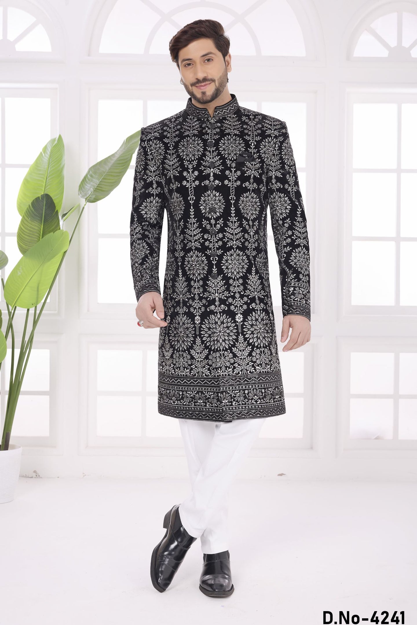 Black Velvet Sherwani Mens Kurta for Wedding & Pajama with Thread Embroidery Work