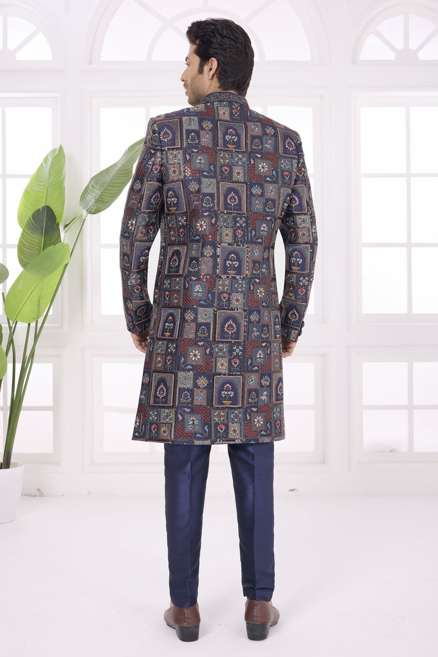 Navy Blue Art Silk Thread Embroidery Sherwani Kurta for Men Marriage & Pajama