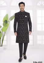 Black Art Silk Sherwani Wedding Kurta for Men & Pajama with Thread Embroidery Work