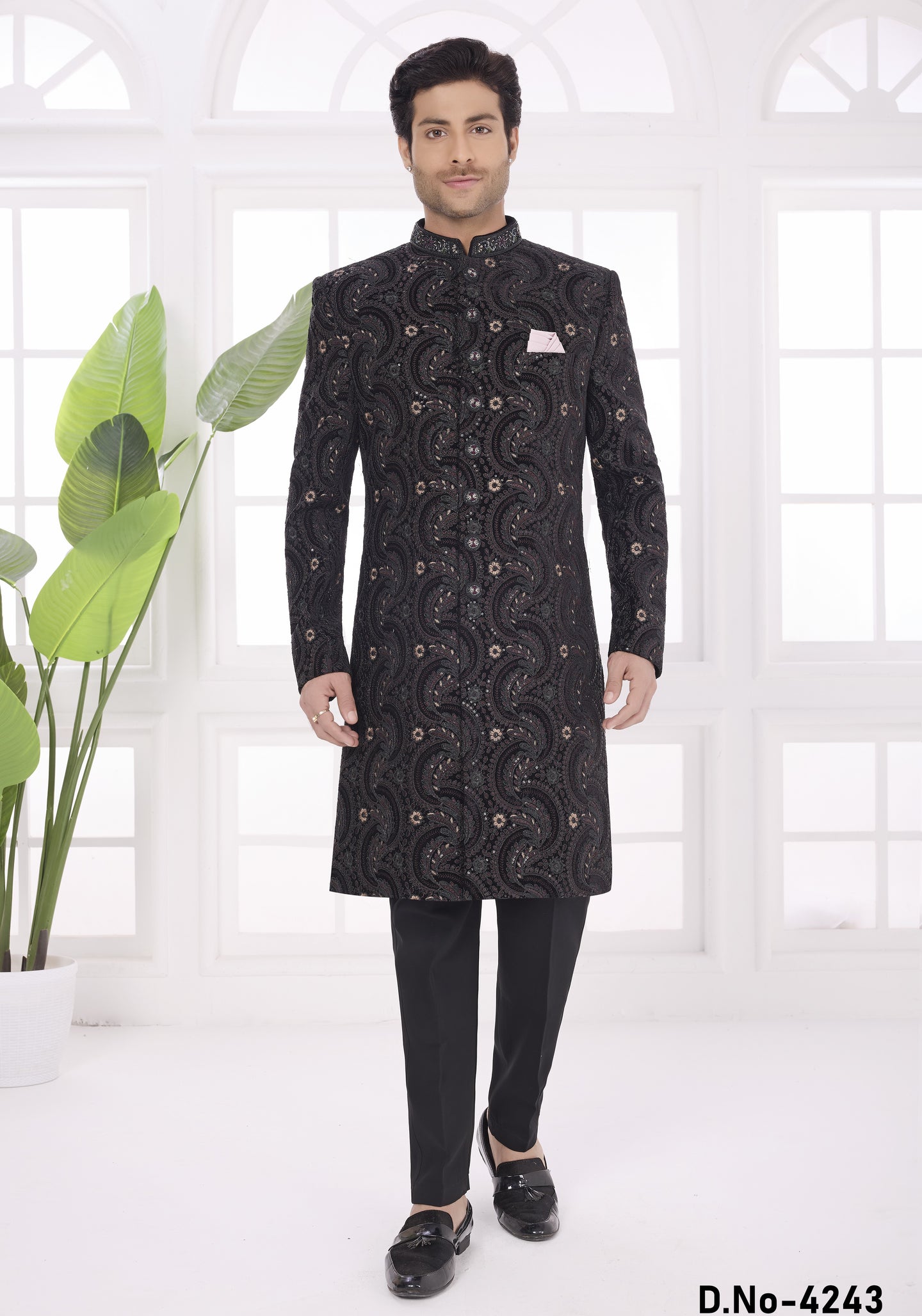 Black Art Silk Sherwani Wedding Kurta for Men & Pajama with Thread Embroidery Work