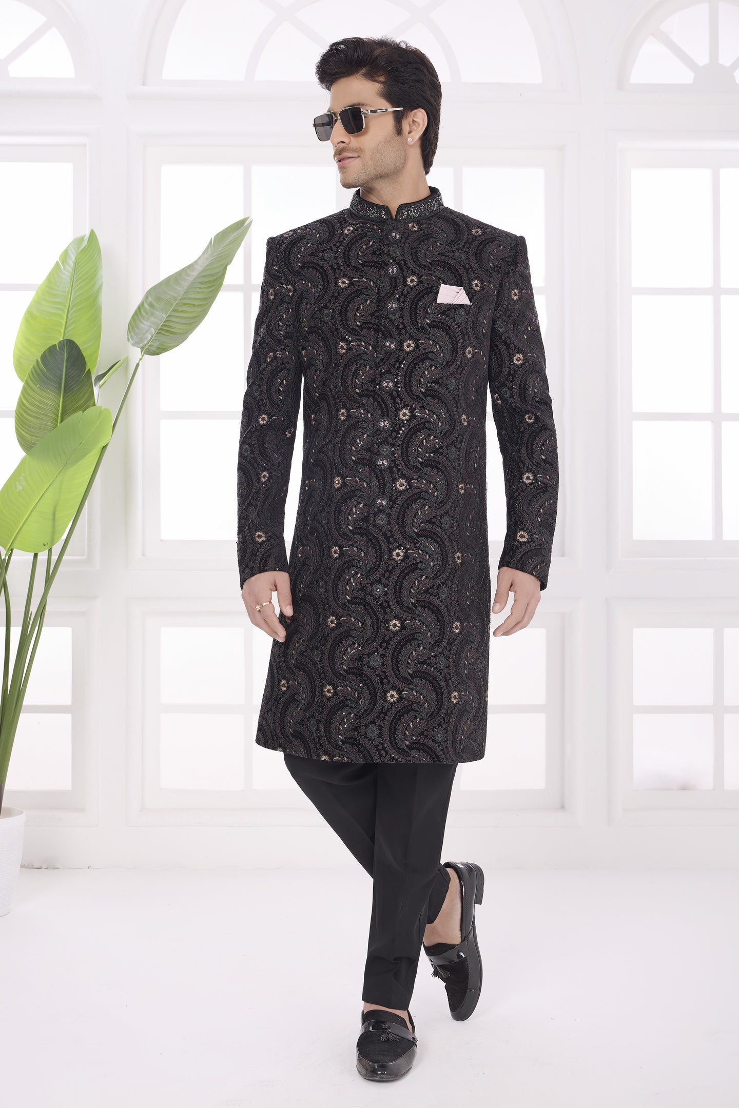 Black Art Silk Sherwani Wedding Kurta for Men & Pajama with Thread Embroidery Work