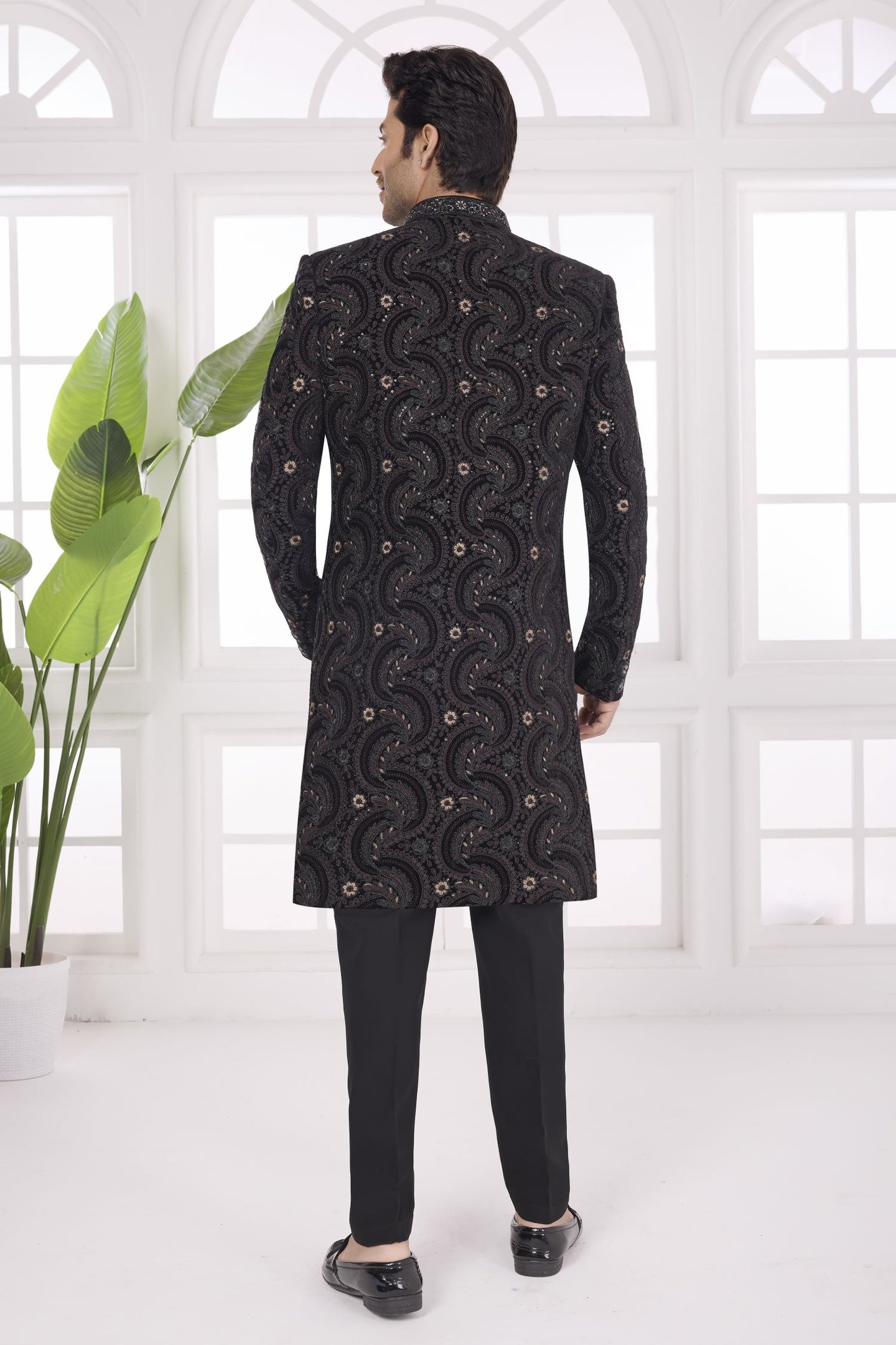 Black Art Silk Sherwani Wedding Kurta for Men & Pajama with Thread Embroidery Work