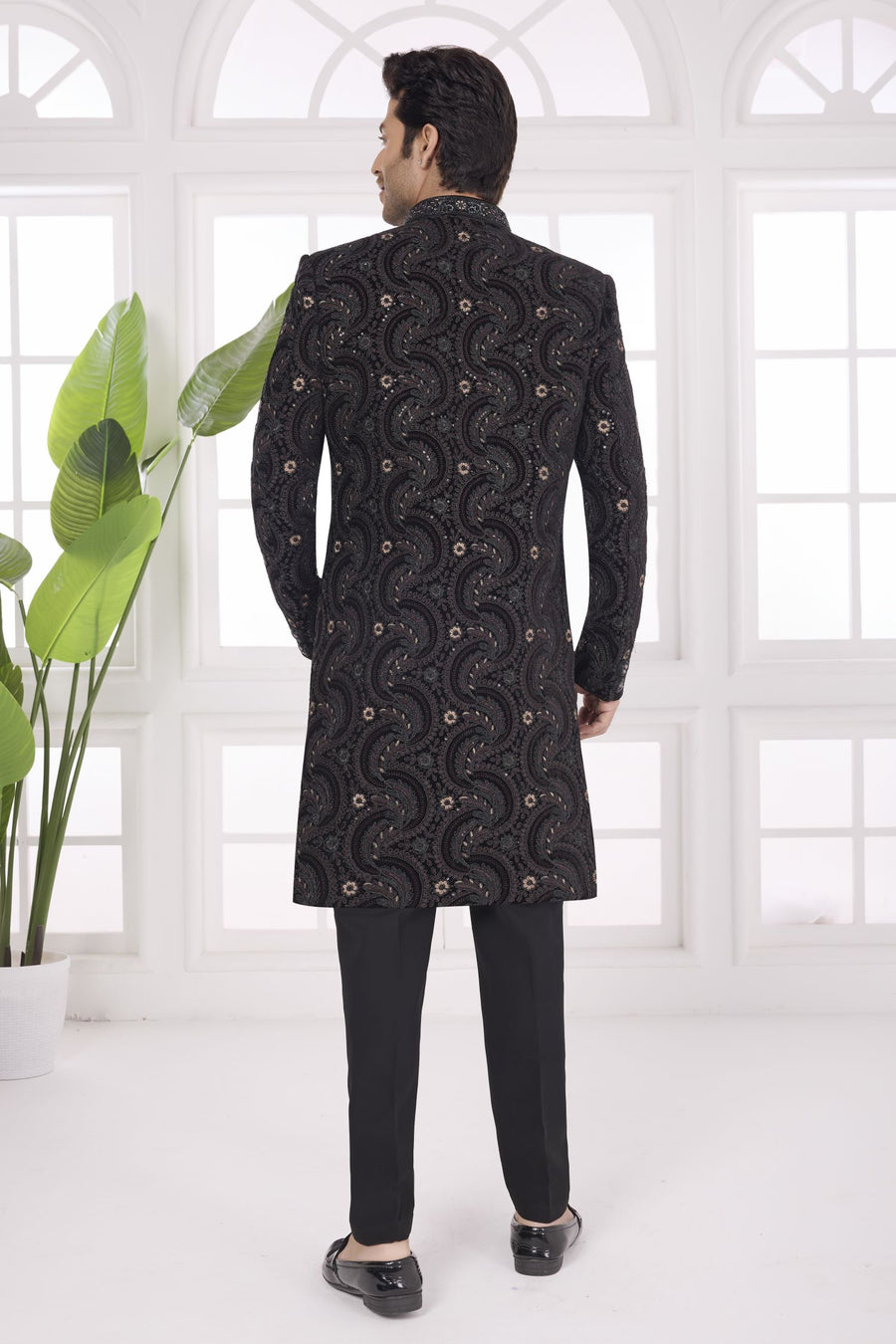 Black Art Silk Sherwani Wedding Kurta for Men & Pajama with Thread Embroidery Work