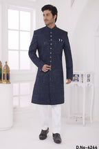 Navy Blue Art Silk Thread Work Sherwani with Men's Kurta Pyjama