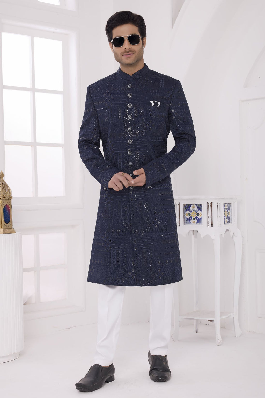 Navy Blue Art Silk Thread Work Sherwani with Men's Kurta Pyjama
