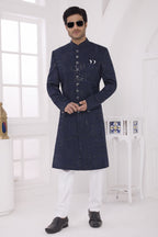 Navy Blue Art Silk Thread Work Sherwani with Men's Kurta Pyjama