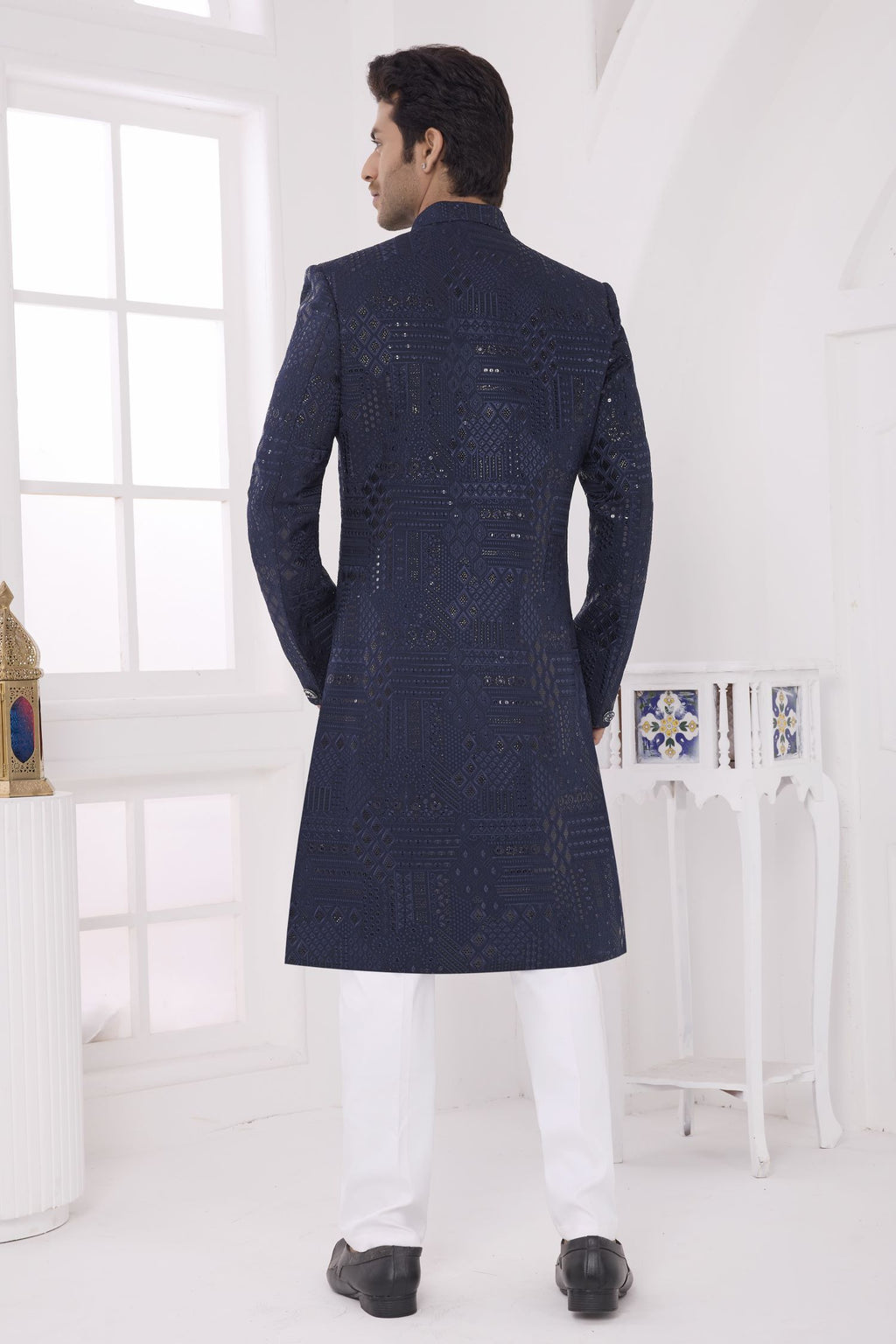 Navy Blue Art Silk Thread Work Sherwani with Men's Kurta Pyjama