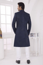 Navy Blue Art Silk Thread Work Sherwani with Men's Kurta Pyjama