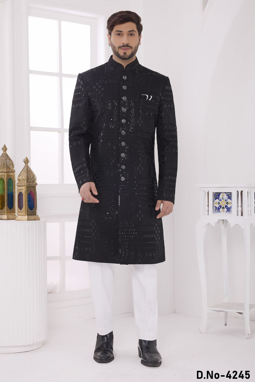 Black Art Silk Sherwani with Thread Embroidery Mens Wear Kurta Pajama
