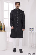 Black Art Silk Sherwani with Thread Embroidery Mens Wear Kurta Pajama