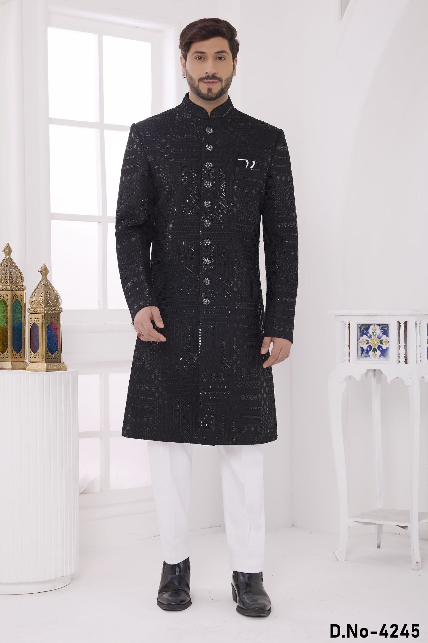 Black Art Silk Sherwani with Thread Embroidery Mens Wear Kurta Pajama
