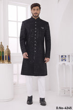 Black Long Mens Wear Kurta Pajama Sherwani - Thread Embroidery