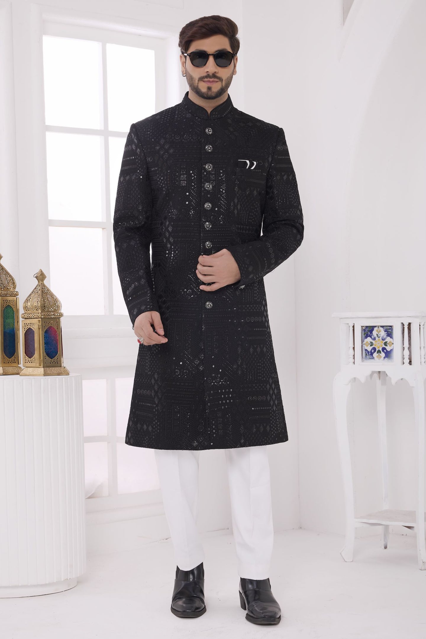 Black Art Silk Sherwani with Thread Embroidery Mens Wear Kurta Pajama
