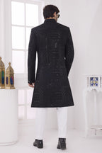 Black Art Silk Sherwani with Thread Embroidery Mens Wear Kurta Pajama