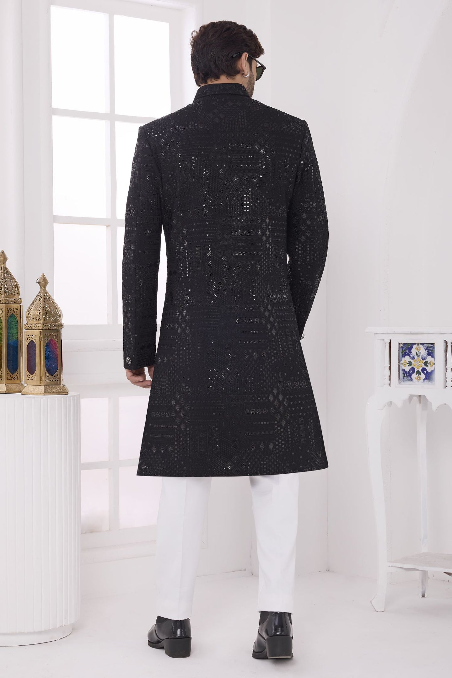 Black Art Silk Sherwani with Thread Embroidery Mens Wear Kurta Pajama