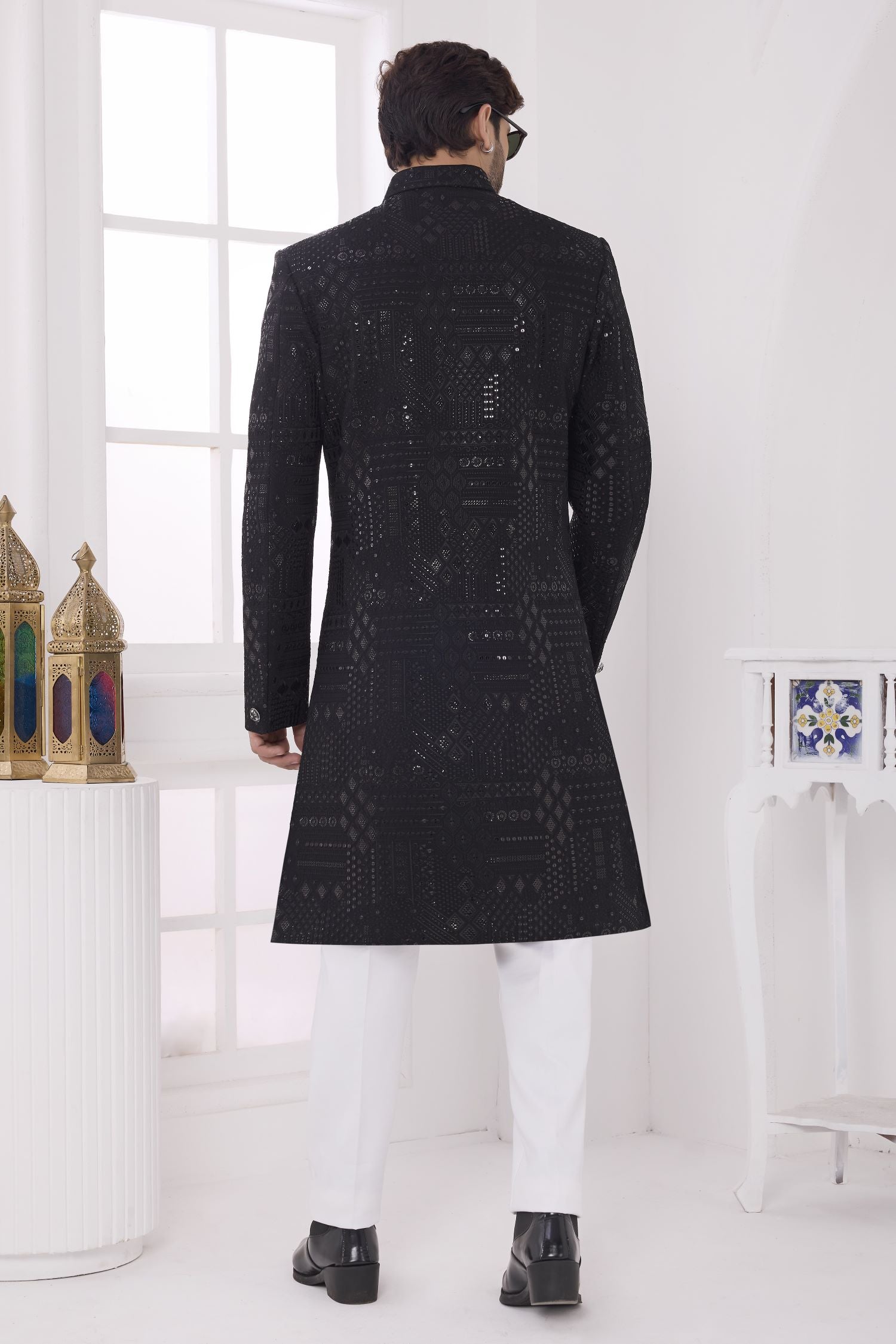 Black Art Silk Sherwani with Thread Embroidery Mens Wear Kurta Pajama