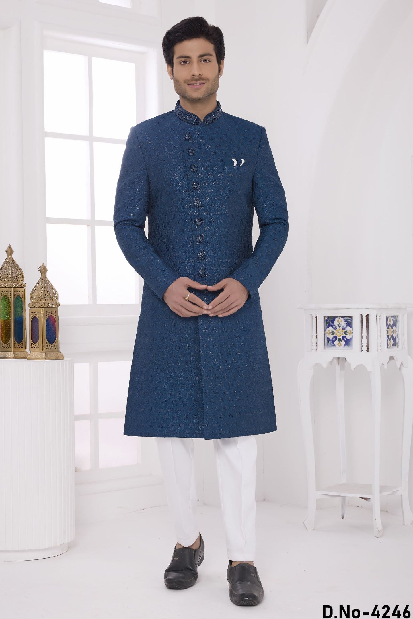 Teal Blue Art Silk Sherwani with Thread Embroidery Work Kurta and Pajama for Mens