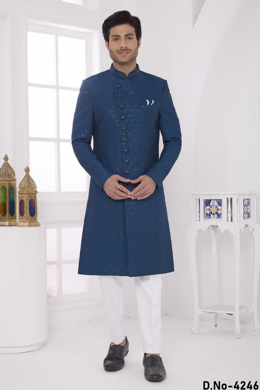 Teal Blue Art Silk Sherwani with Thread Embroidery Work Kurta and Pajama for Mens