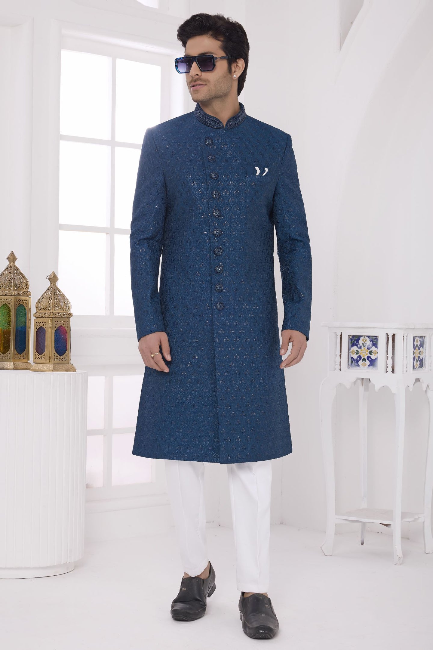 Teal Blue Art Silk Sherwani with Thread Embroidery Work Kurta and Pajama for Mens