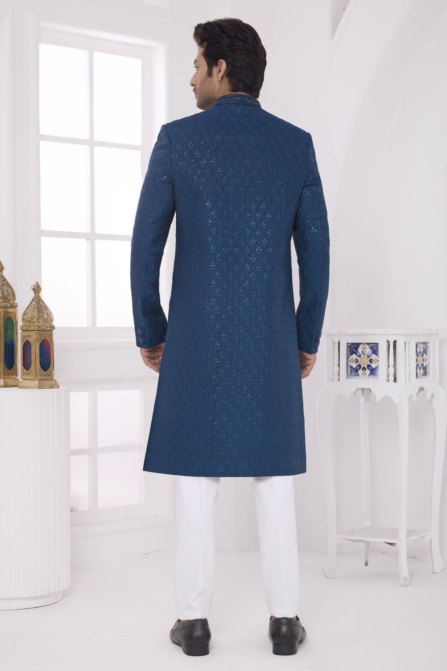 Teal Blue Art Silk Sherwani with Thread Embroidery Work Kurta and Pajama for Mens