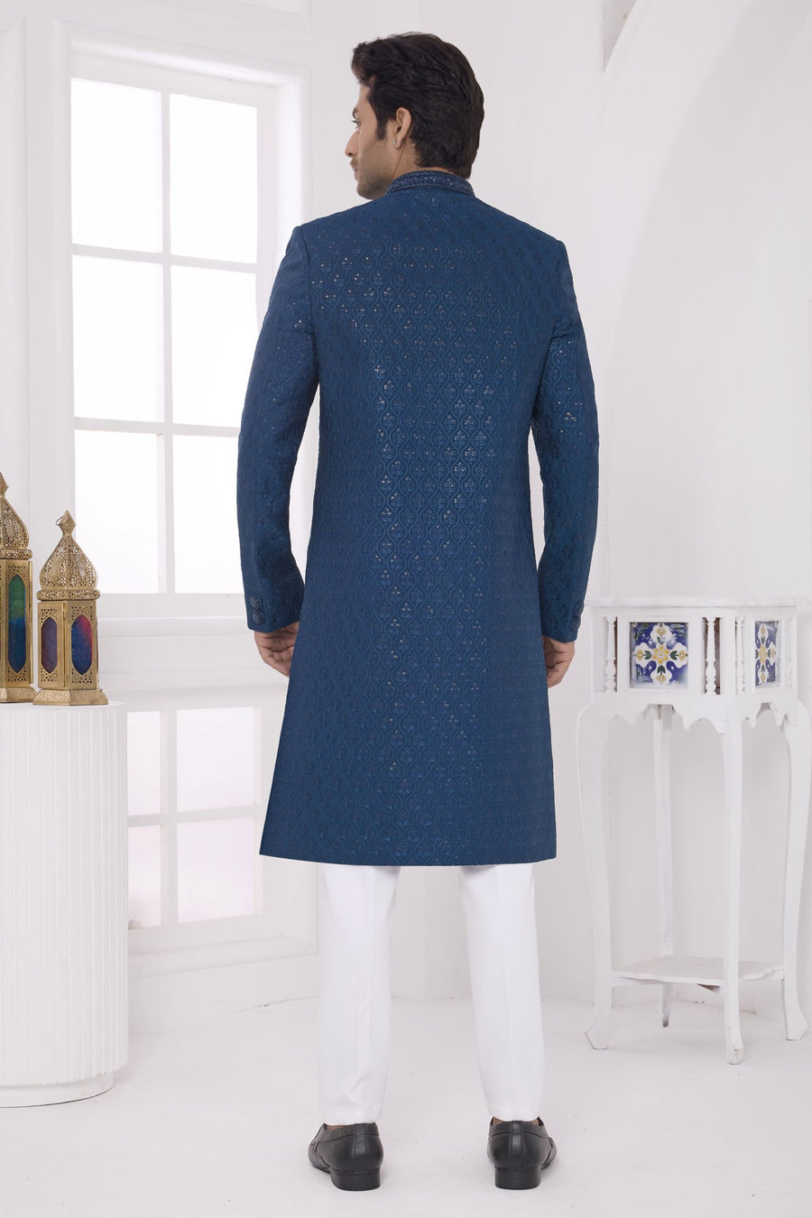 Teal Blue Art Silk Sherwani with Thread Embroidery Work Kurta and Pajama for Mens