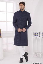 Navy Art Silk Thread Embroidery Sherwani Kurta Pajama Male