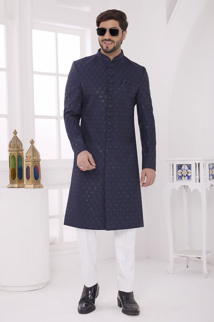 Navy Art Silk Thread Embroidery Sherwani Kurta Pajama Male