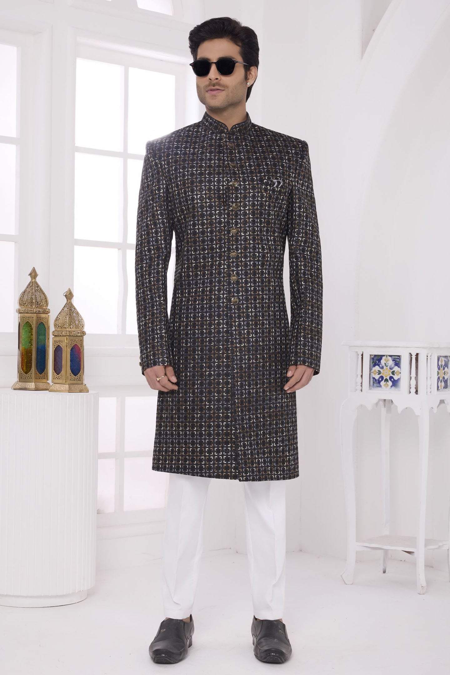 Black Brown Art Silk Sherwani and Kurta Pyjama for Men