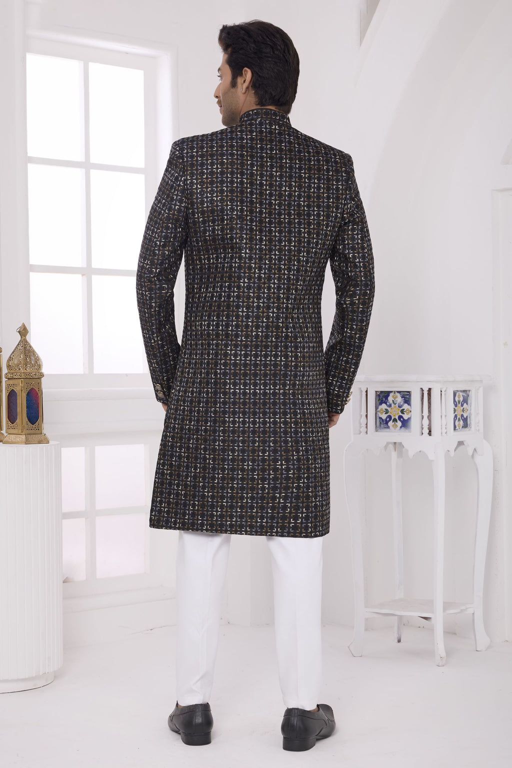 Black Brown Art Silk Sherwani and Kurta Pyjama for Men