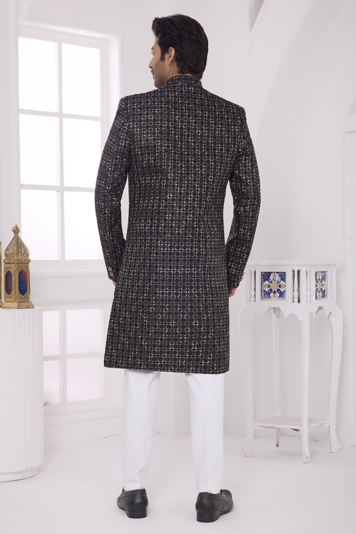 Black Brown Art Silk Sherwani and Kurta Pyjama for Men