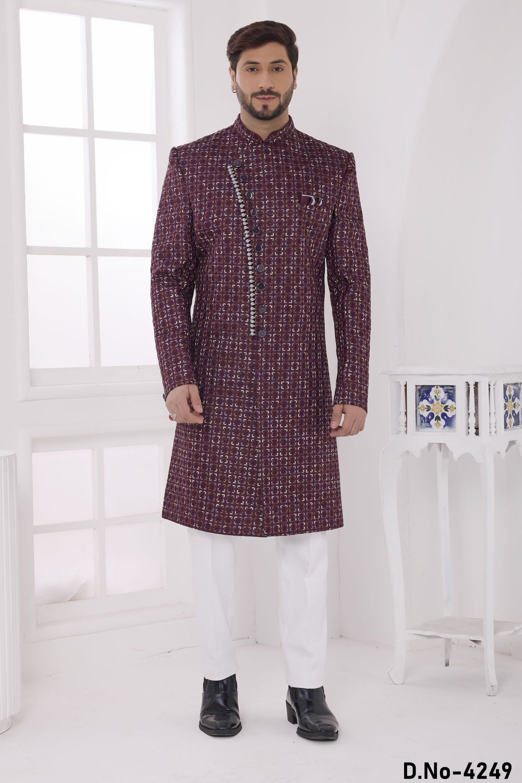 Plum Art Silk Thread Embroidery Sherwani with Men's Kurta and Pajama